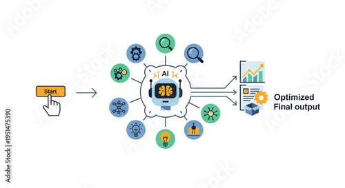 Artificial Intelligence Robot Processing Data with Connected Concepts and Output Charts