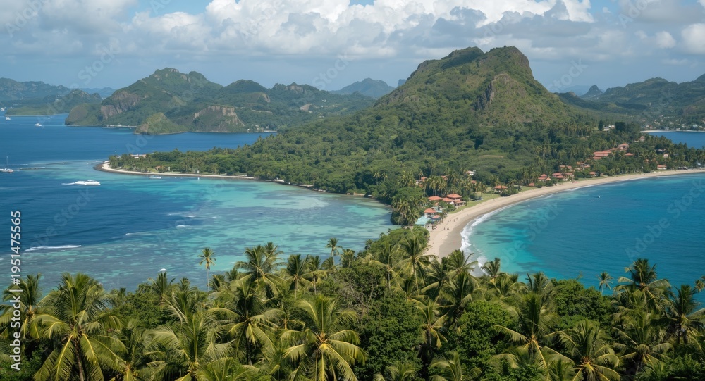 Fototapeta premium Lush tropical palm trees along a serene island coastline with vibrant seaside village