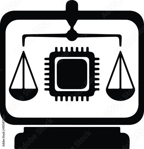 Silhouette computer screen with scales of justice and cpu chip vector design