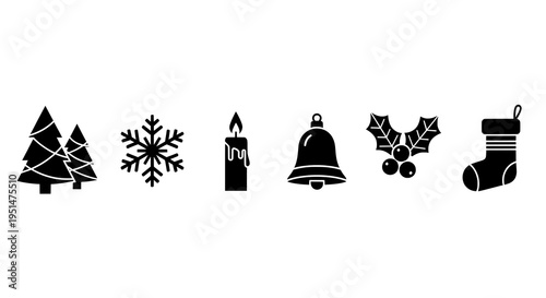 Collection of Classic Black Christmas Holiday and Winter Season Icons