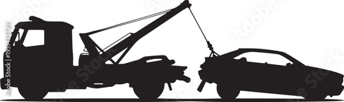 Black silhouette of tow truck lifting car vehicle