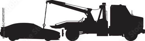 Black silhouette of tow truck towing car vehicle