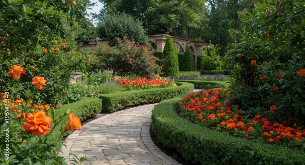 Fototapeta premium Lush garden display with curving stone walkway and bright vibrant blossoms