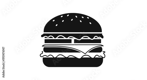 Black and white illustration of a stacked burger on a white background