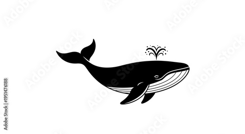Black and white illustration of a whale nautical design element