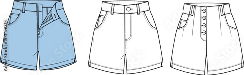 Fashion technical illustration of women’s shorts showing zipper fly, button closure, and button fly variations with side pockets, perfect for garment construction, design, and pattern making.