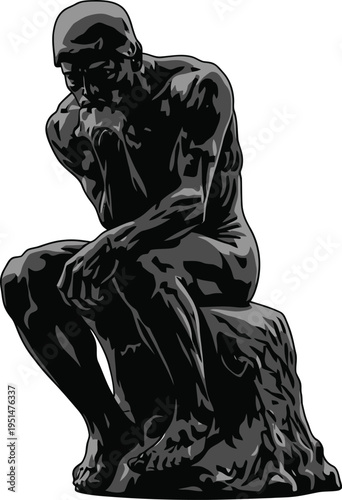 A contemplative figure seated on stone reminiscent of the thinker silhouette