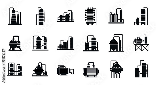 Black and White Chemical Plant Icons - Industrial Infrastructure Silhouettes.