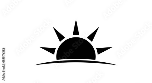 Black and white sunrise icon graphic with sun rays on white background