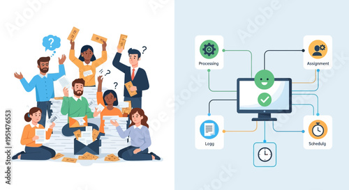Overwhelmed team drowning in paperwork contrasts with organized digital workflow on computer screen