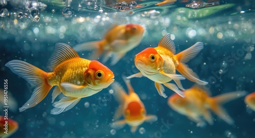 Playful goldfish swimming energetically in sparkling clear water