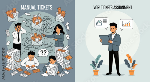 Comparing chaotic ticket management and streamlined workflow with organized efficiency