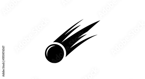 Black comet icon against white background for design and conceptual projects