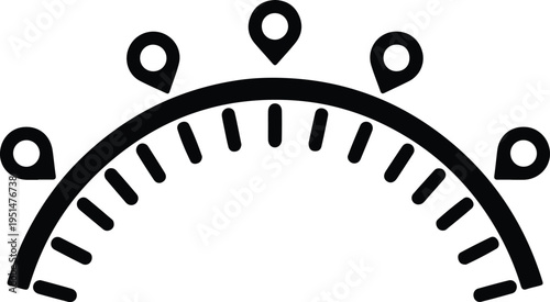 Silhouette map pointer icons placed on a curved path graphic vector design