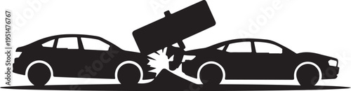Black silhouette of two cars crashing into each other with a