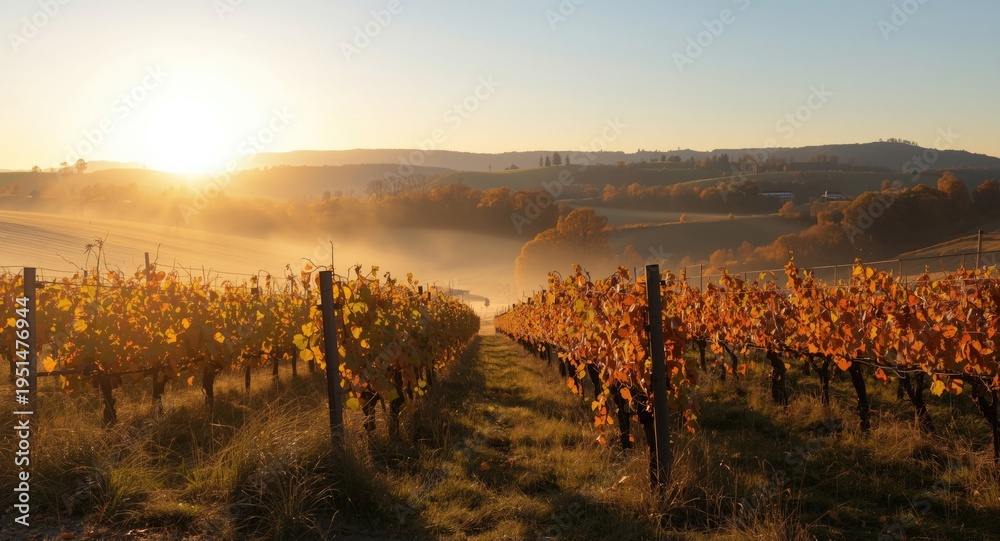 Fototapeta premium Peaceful autumn morning with sunlight warming vineyard rows