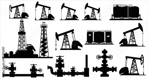 Silhouette Collection of Oil Rigs and Industrial Equipment.