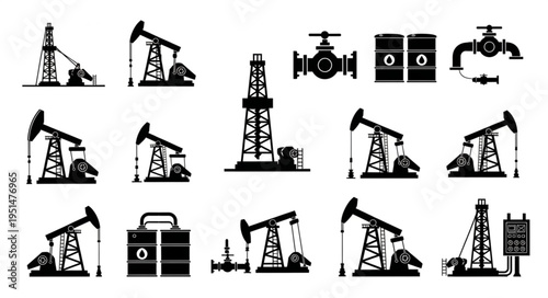 Silhouette Oil Industry Equipment Collection - Pumps, Rigs, Valves, and Tanks.