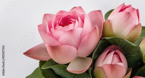 Soft pink lotus bouquet accented by leaves and clear copy space zone