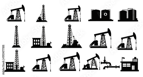 Oil Industry Silhouette Icons - Rigs, Pumps, and Storage Tanks.