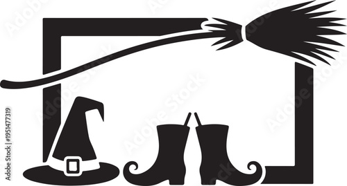 Black silhouette of witch hat boots and broom