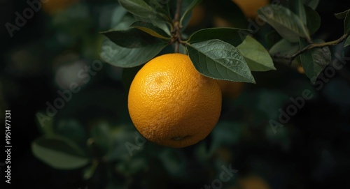 Healthy citrus tree branch supporting a mature yellow grapefruit