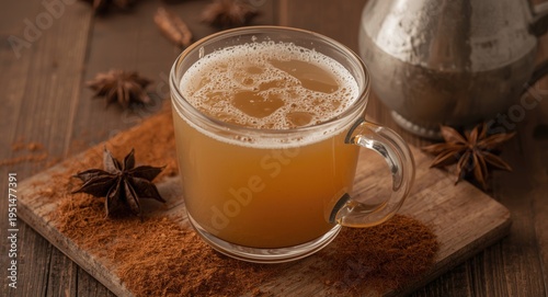 Rich masala chai tea with milk and star anise on wooden farmhouse table
