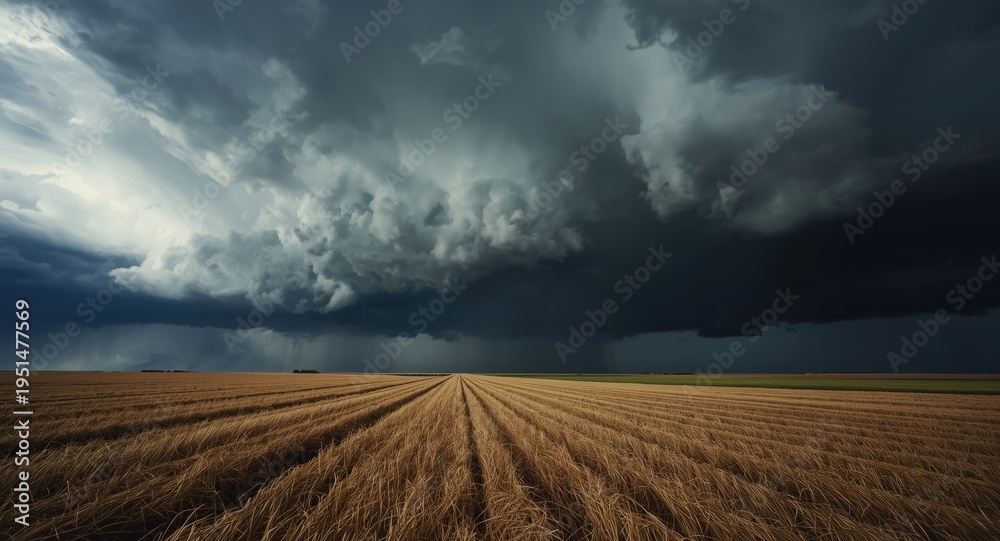 Fototapeta premium Heavy storm clouds approaching a wide soy crop area with copy space