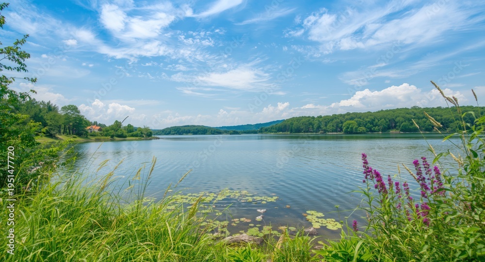 Fototapeta premium Peaceful lake vista embraced by flourishing summer plants and a cloud-speckled blue sky