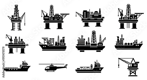 Oil and Gas Industry Icons - Offshore Platforms, Ships, and Helicopter.