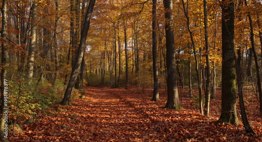 Obraz premium Meandering forest path with tall trees and a blanket of fallen leaves glowing in autumn light