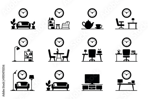 Apartment timing icon with clock household interior element wall accessory in modern vector illustration design