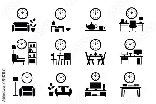 Clock icon for apartment interior design as wall accessory household element in clean vector style