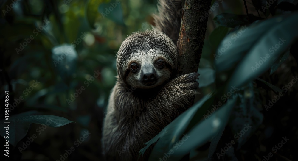 Fototapeta premium Quiet young sloth blending into rainforest scenery