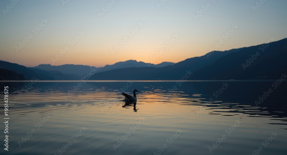 Fototapeta premium Serene waterbird gliding elegantly on a quiet lake with silhouetted mountains in the evening