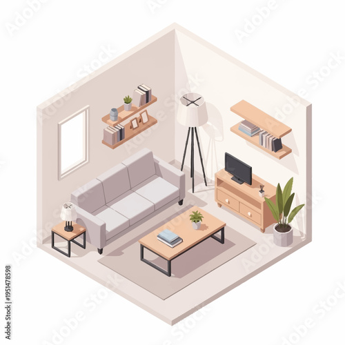 Isometric living room interior with modern furniture and decor.