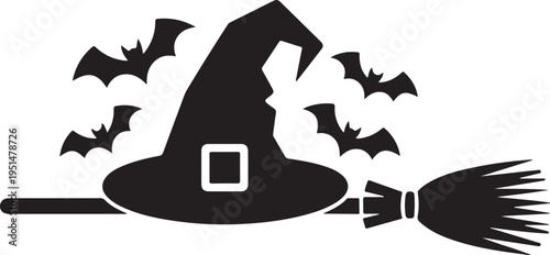 Black silhouette witch hat broom bats Halloween