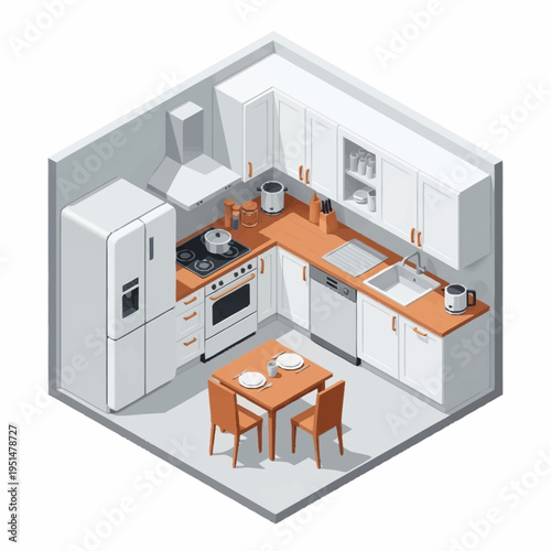 Isometric kitchen interior with modern appliances and dining area.