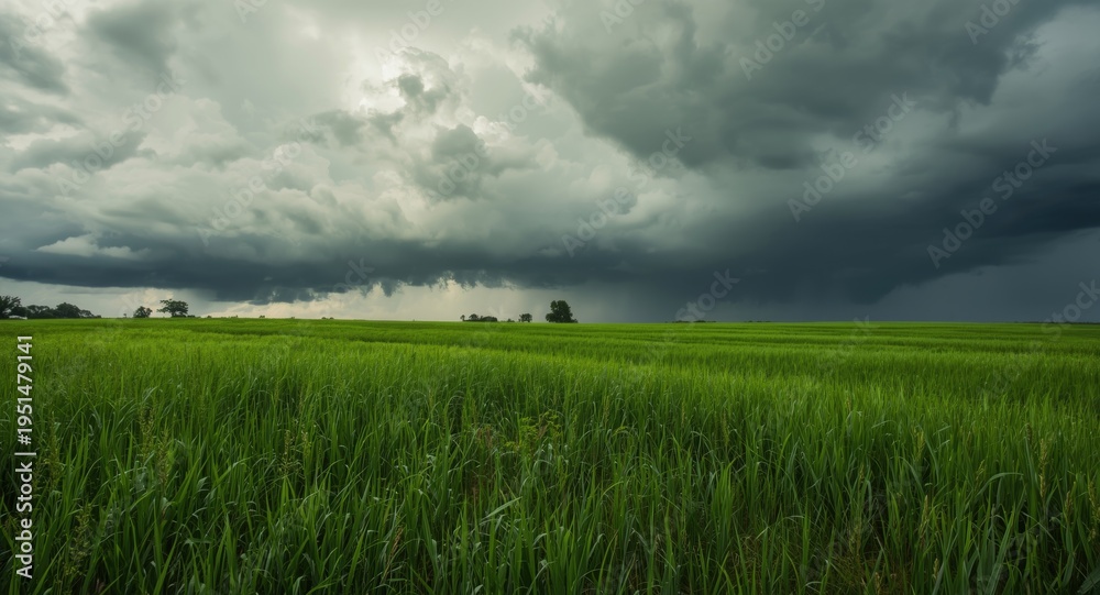 Fototapeta premium Broad meadow of lush grass covered by heavy rain clouds signaling storm