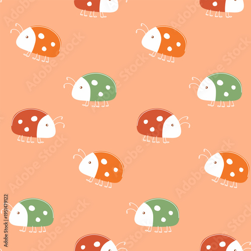 Ladybug seamless pattern vector. Colorful pastel beetles background for kids textile, nursery wallpaper, and baby shower wrapping paper flat illustration
