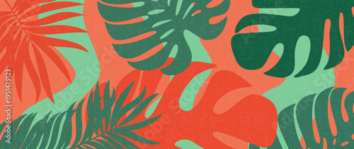 Stylized Tropical Monstera and Palm Leaves in Green and Red, Orange Overlapping on Textured Abstract Background
