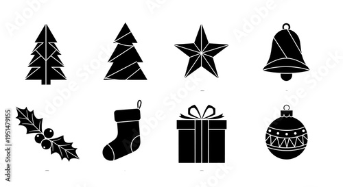 Set of Black and White Minimalist Christmas Holiday Season Decorative Icons Vector