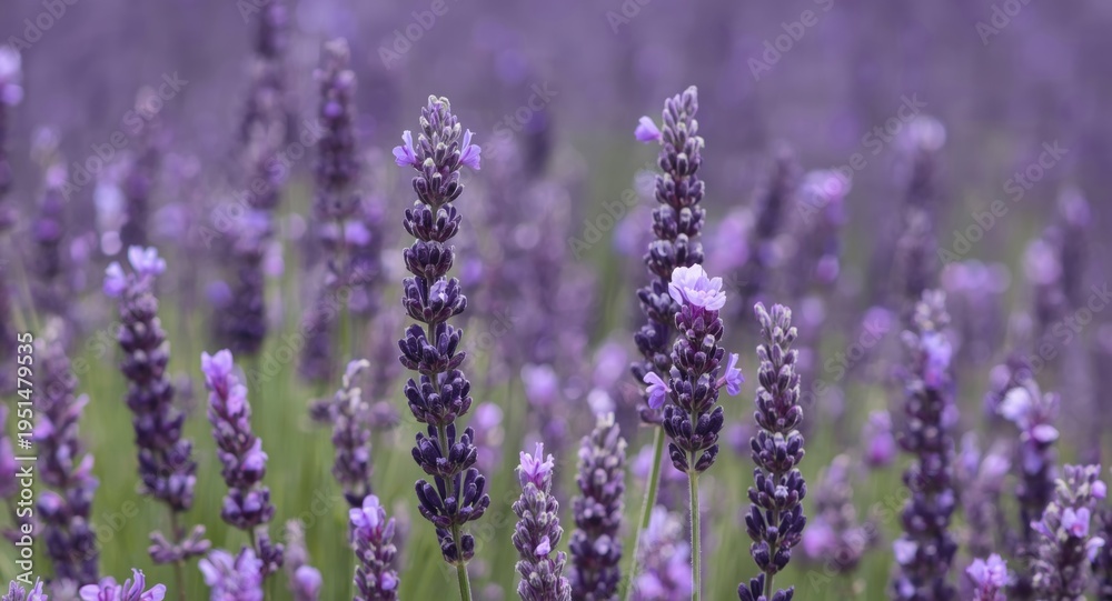 Obraz premium Field with blooming Lavandula stoechas and topped French Spanish lavender
