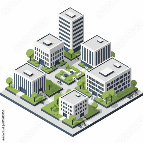 Isometric Cityscape with Modern Buildings and Green Spaces.