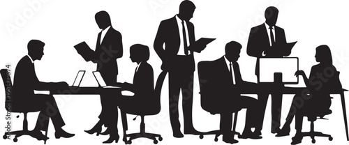 Black silhouettes of businesspeople working at desks with laptops