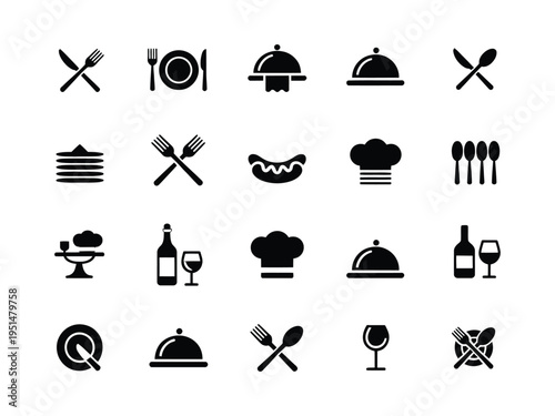 Restaurant Food Service Icon Set Featuring Dining, Kitchen and Catering Symbols