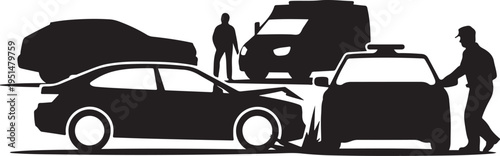 Black silhouettes of crashed cars and people car crash