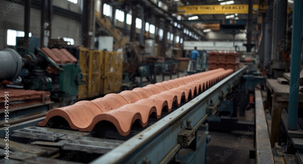 Fototapeta premium Industrial setting showing metalworking conveyor belt for roof tile production