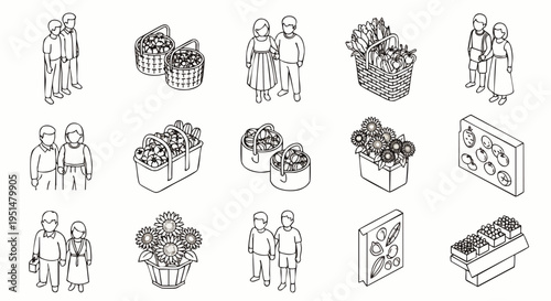 Collection of isometric outline icons depicting various daily life scenes including people, flowers, food, and marketplace items for design.