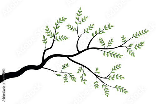 Tree branch cartoon illustration with black stem green leaves and offshoots for nature growth concept
